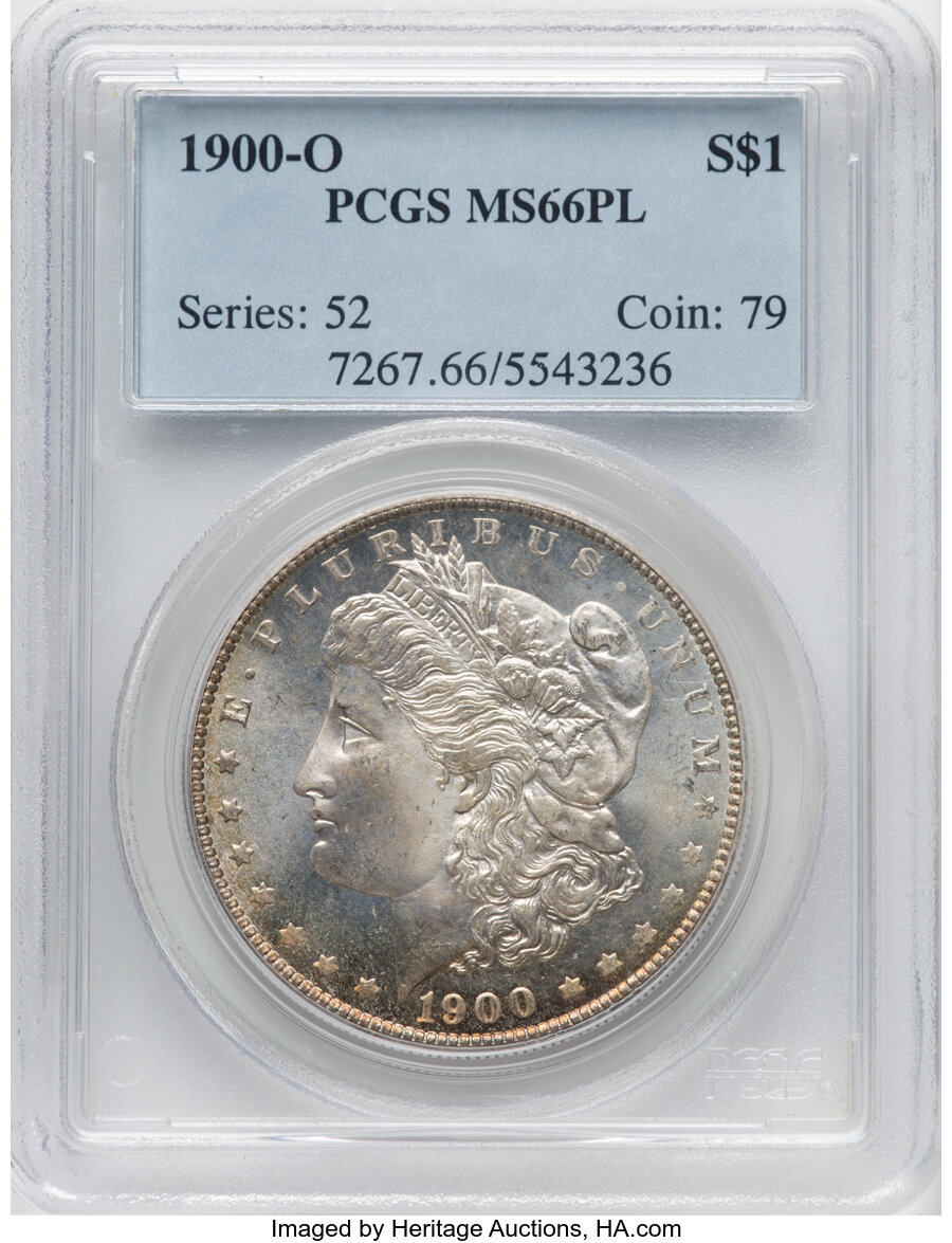 1900-O $1 MS66 Prooflike PCGS. PCGS Population: (30/0). NGC Census: (18/2). CDN: $800 Whsle. Bid for NGC/PCGS MS66. Mintage...