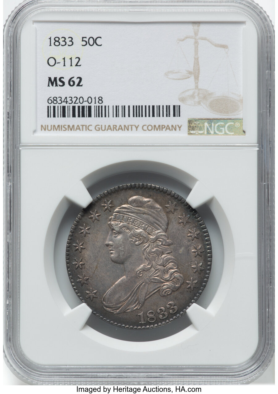 1833 50C O-112, R.2, MS62 NGC. NGC Census: (1/3). PCGS Population: (0/2). CDN: $1,000 Whsle. Bid for NGC/PCGS MS62. Mintage...