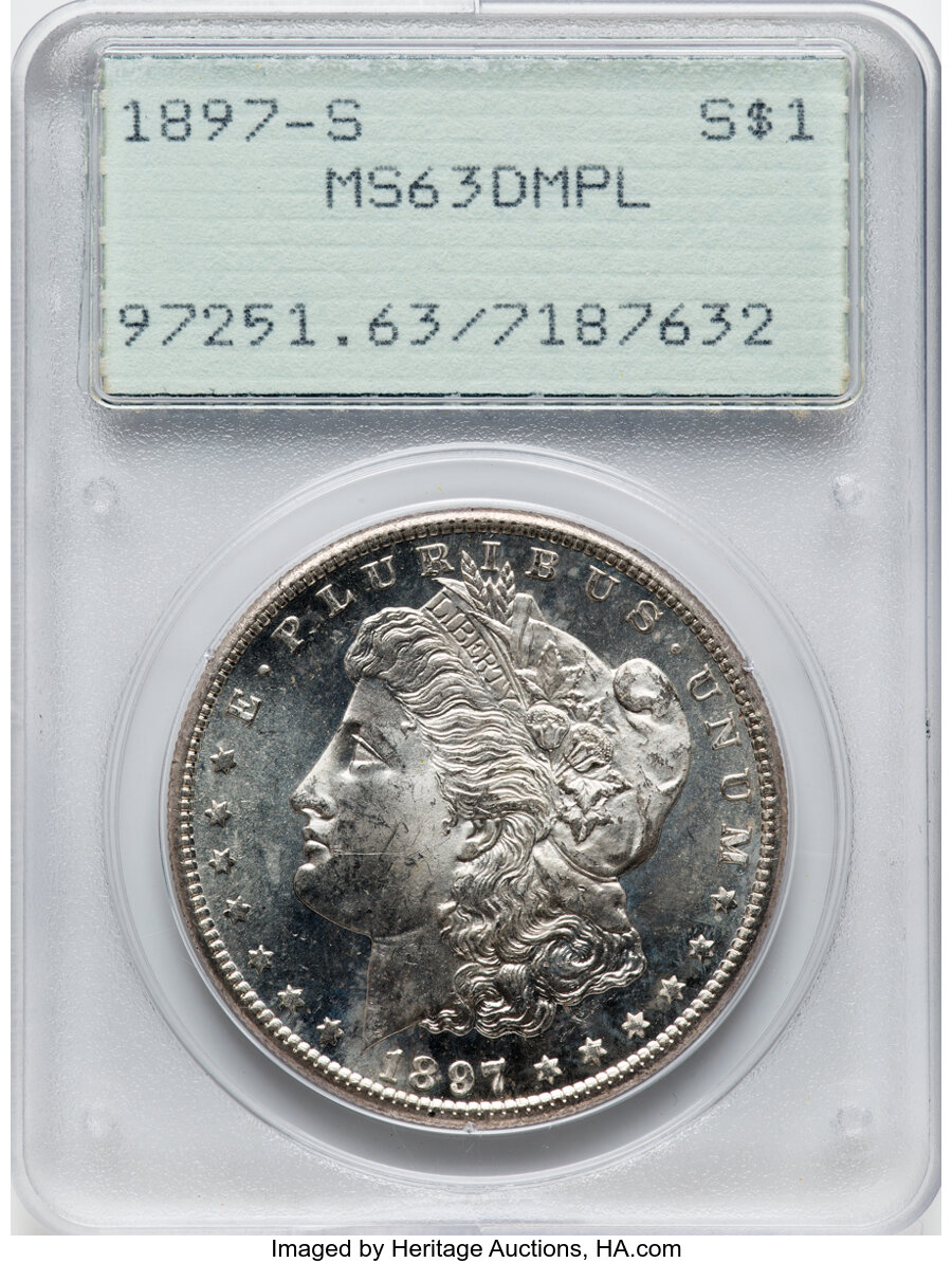1897-S $1 MS63 Deep Mirror Prooflike PCGS. PCGS Population: (61/137). NGC Census: (43/144). CDN: $425 Whsle. Bid for NGC/PC...