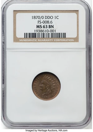 image for: 1870/0 1C Doubled Die Obverse, FS-101, MS63 Brown NGC. Mintage 5,275,000.Flynn Reference and Cross Reference: DDO-0...