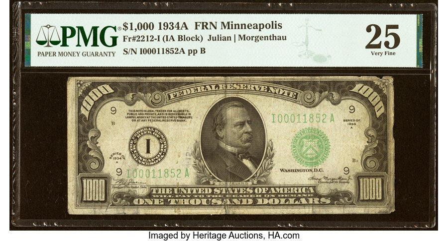 Fr. 2212-I $1,000 1934A Federal Reserve Note. PMG Very Fine 25....