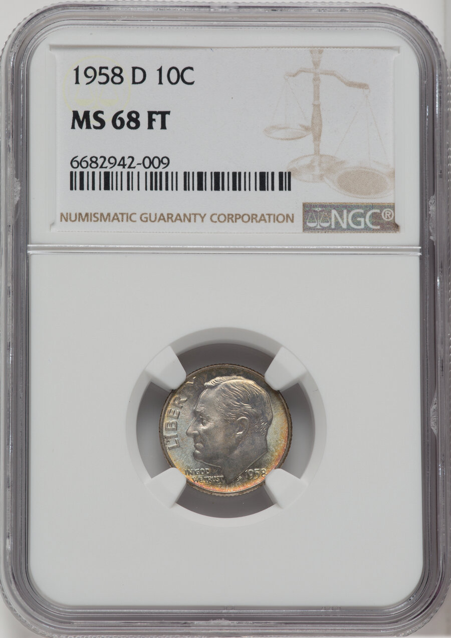 1958-D 10C MS68 Full Bands NGC. NGC Census: (27/0). PCGS Population: (8/0). CDN: $3,000 Whsle. Bid for NGC/PCGS MS68. Minta...