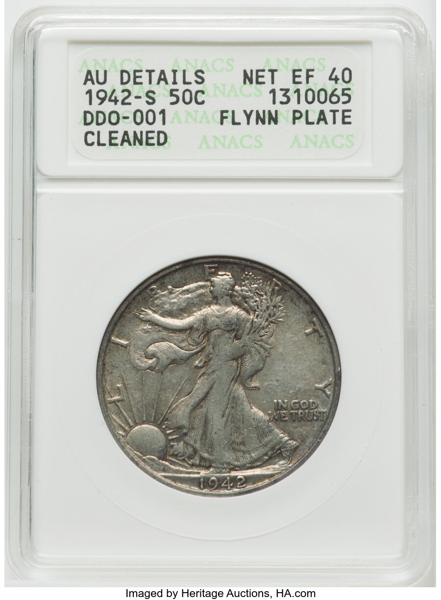 1942-S 50C Doubled Die Obverse, DDO-001, FS-101 -- Cleaned -- ANACS. AU Details, Net XF40. Ex: Flynn plate. Mintage 12,...