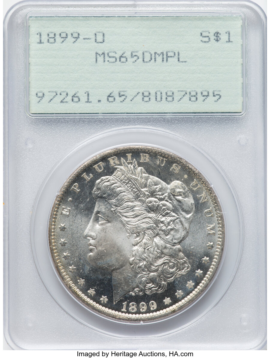 1899-O $1 MS65 Deep Mirror Prooflike PCGS. PCGS Population: (46/21). NGC Census: (20/7). CDN: $2,000 Whsle. Bid for NGC/PCG...