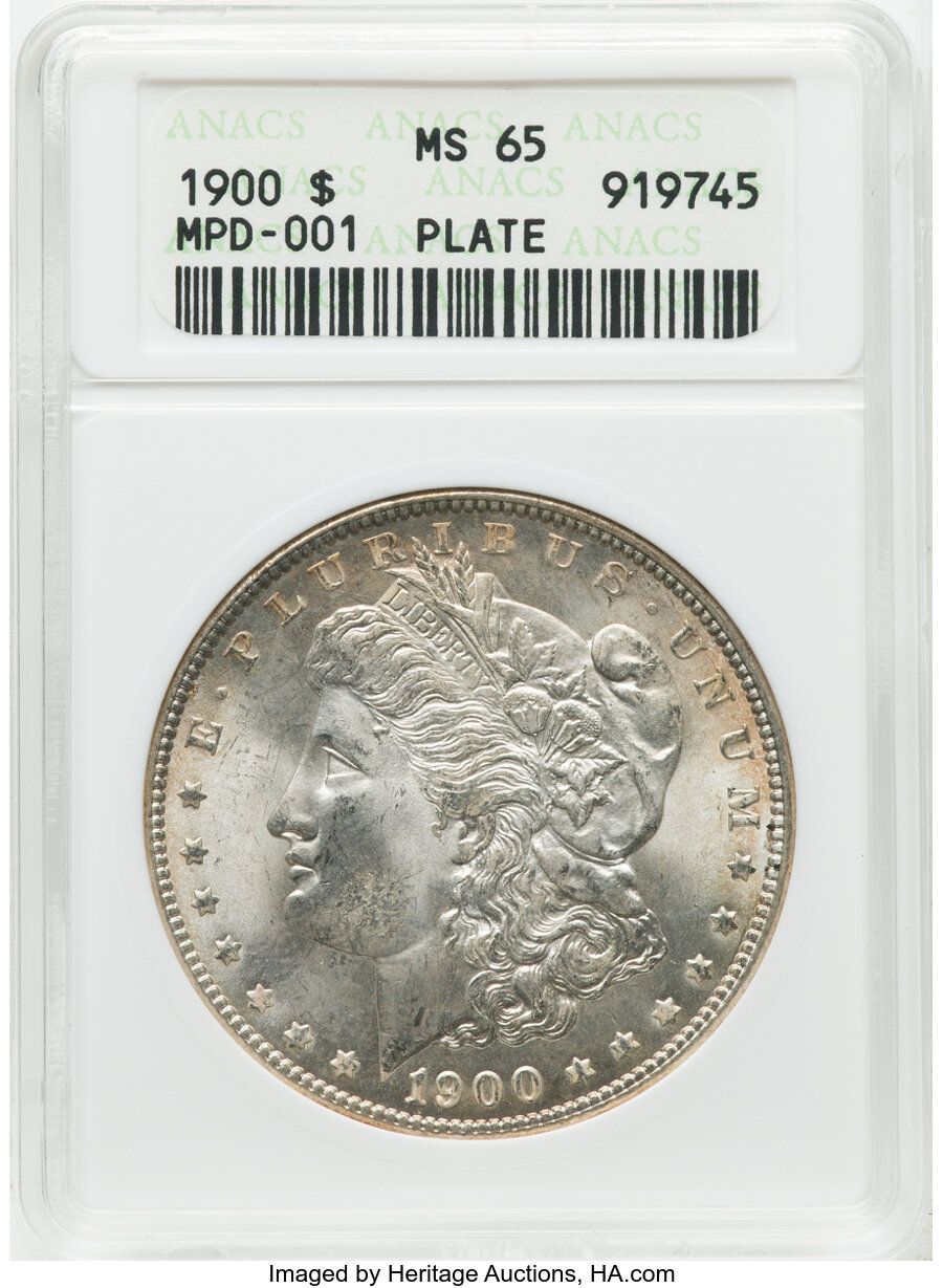 1900 $1 Misplaced Date, MPD-001, VAM-16, MS65 ANACS. Plate. Mintage 8,830,912.Flynn Reference and Cross Reference: ...
