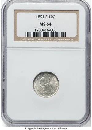 image for: 1891-S 10C Medium/Small S, FS-501, MS64 NGC. Mintage 3,196,116.Flynn Reference and Cross Reference: RPM-001, FS-501...