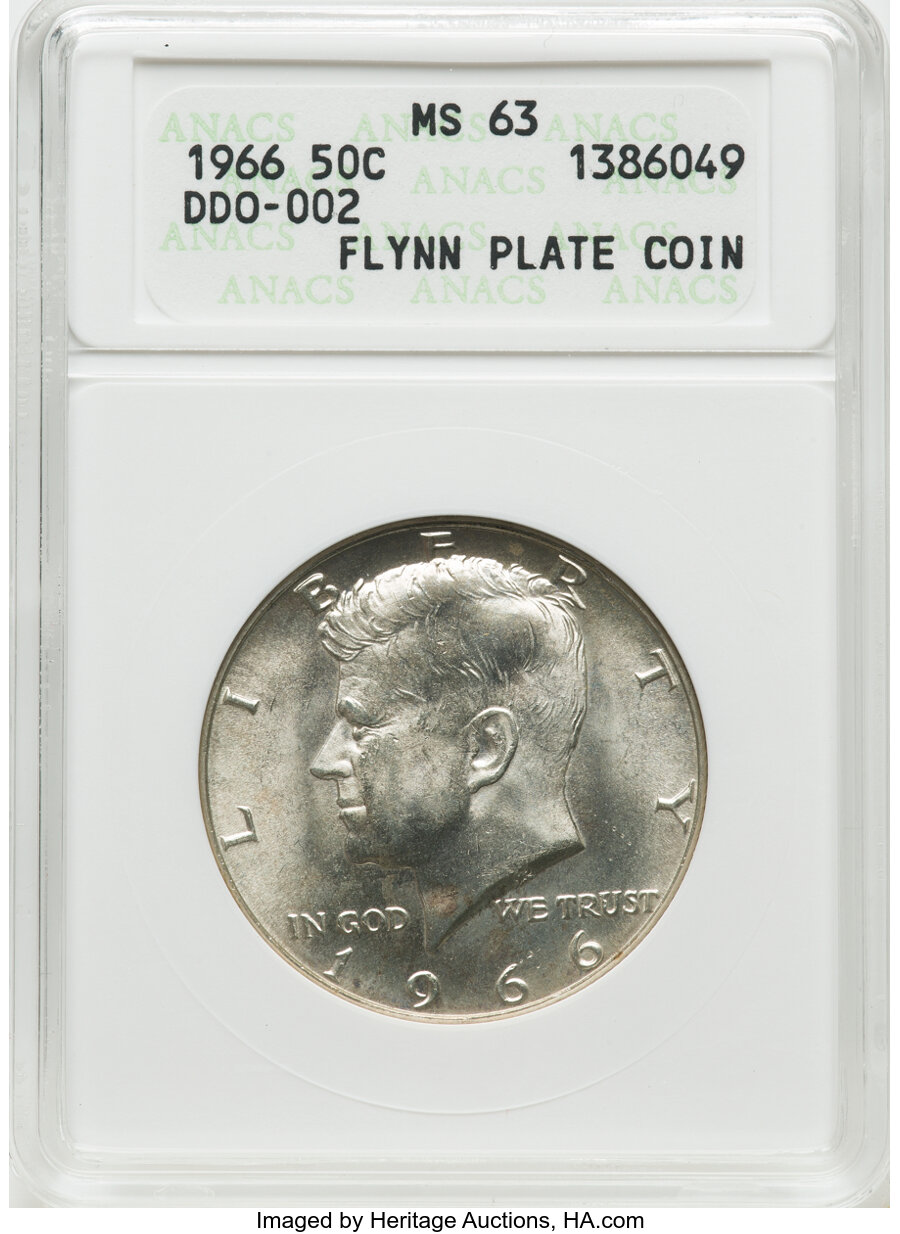 image for: 1966 50C Double Die Obverse, DDO-002, FS-101, MS63 ANACS. Ex: Flynn Plate Coin.  Mintage 108,984,932.Flynn Reference ...