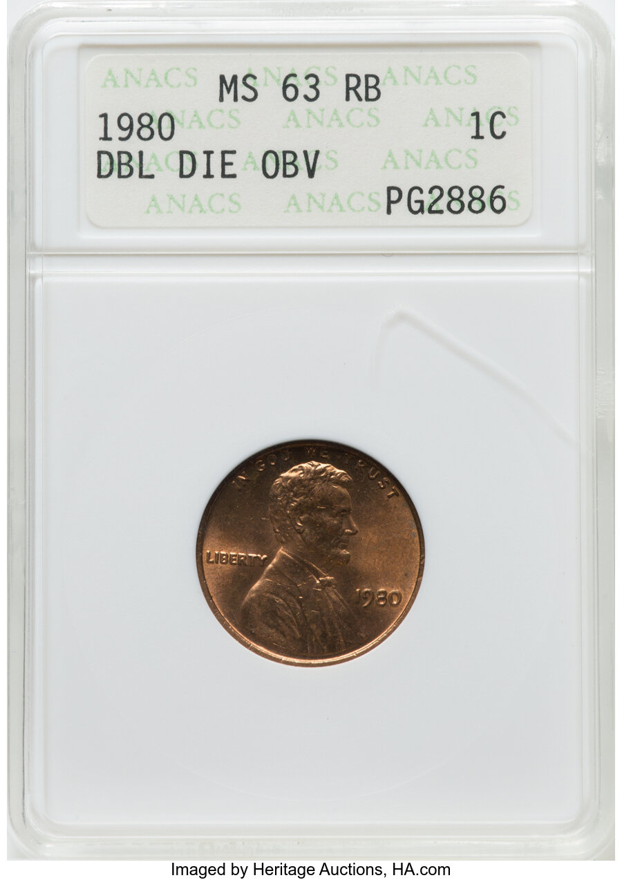 image for: 1980 1C Doubled Die Obverse, FS-101, MS63 Red and Brown ANACS.Flynn Reference and Cross Reference: DDO-001, FS-101 ...