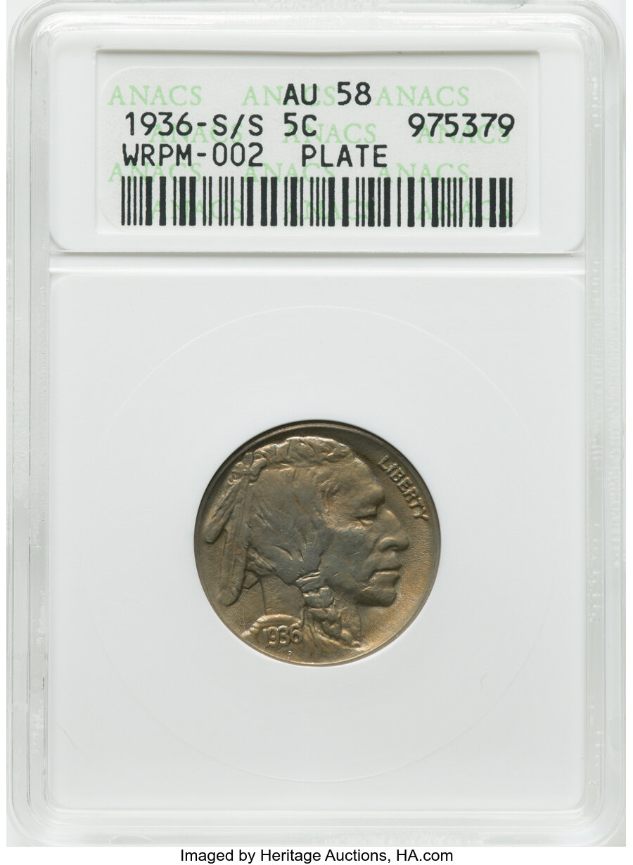 1936-S/S 5C WRPM-002, AU58 ANACS. Plate. Mintage 14,930,000.Flynn Reference and Cross Reference: RPM-002. Plate coi...