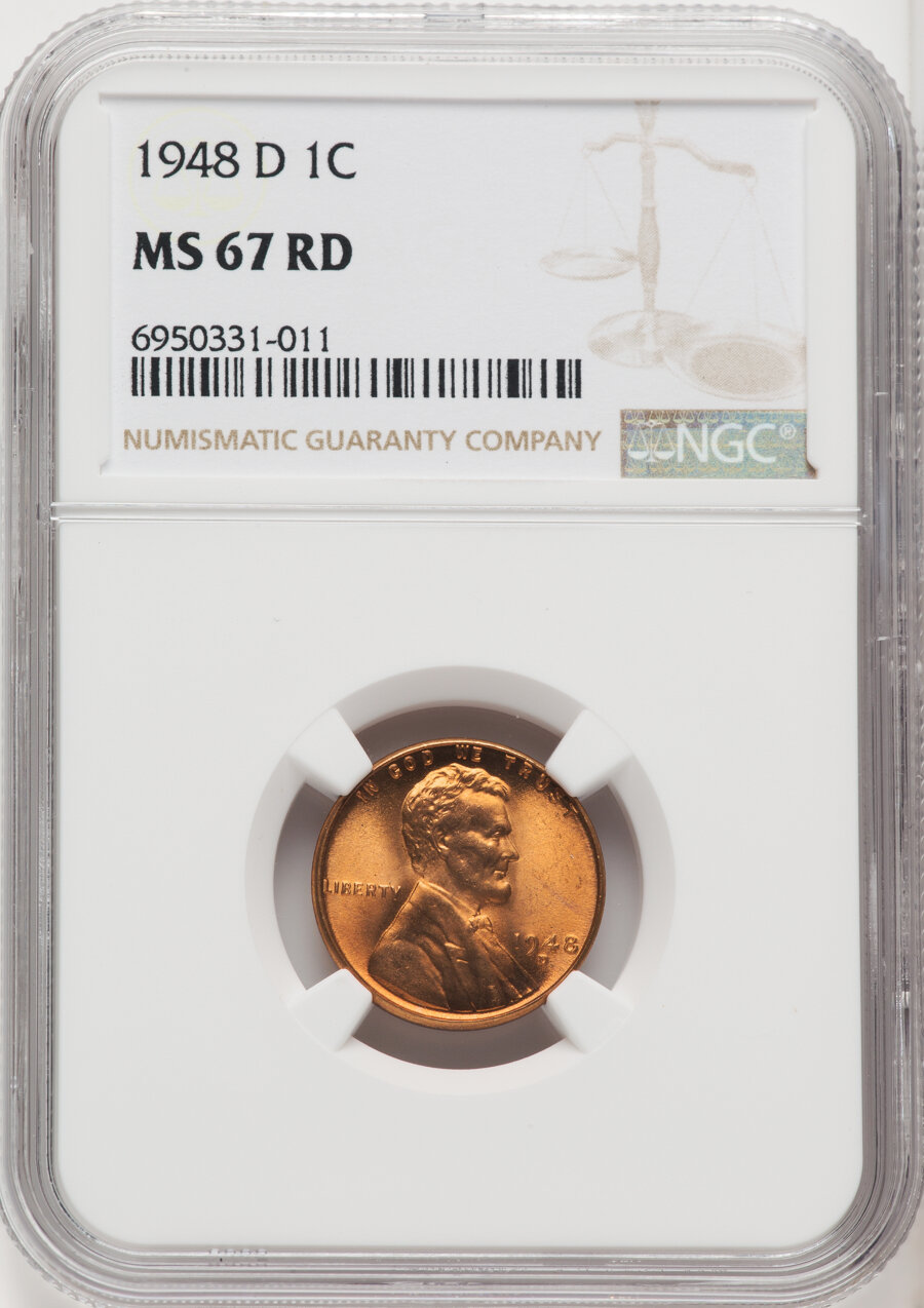 1948-D 1C MS67 Red NGC. NGC Census: (119/0). PCGS Population: (100/0). CDN: $450 Whsle. Bid for NGC/PCGS MS67. Mintage 172,...