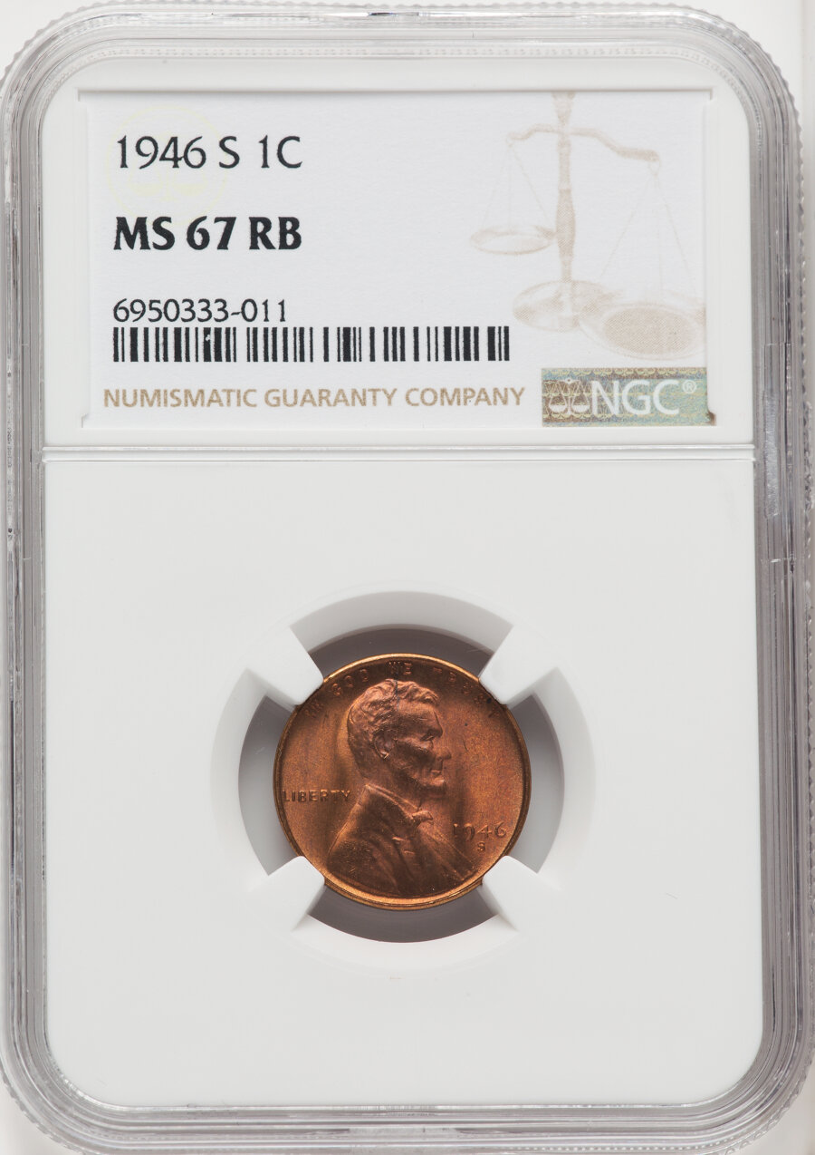 1946-S 1C MS67 Red and Brown NGC. NGC Census: (38/0). PCGS Population: (1/0). CDN: $47 Whsle. Bid for NGC/PCGS MS67. Mintag...