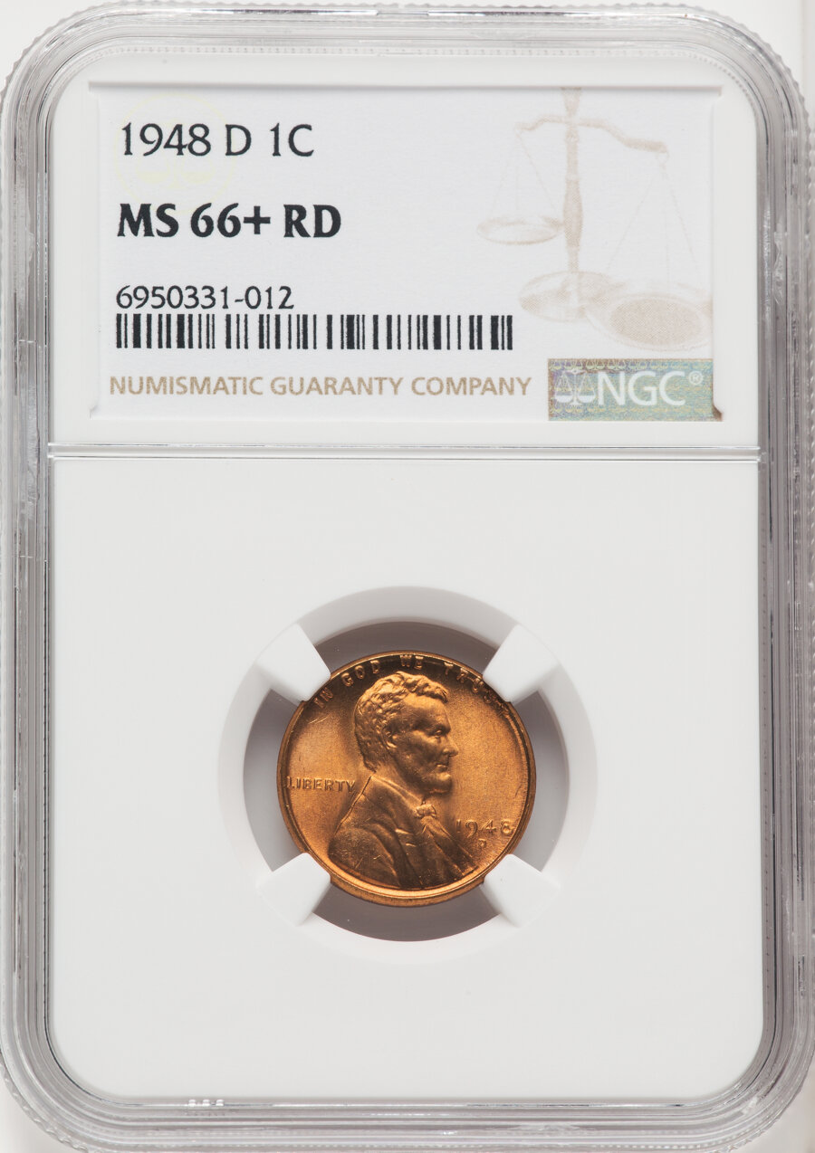 1948-D 1C MS66+ Red NGC. NGC Census: (1859/119). PCGS Population: (1679/100). CDN: $30 Whsle. Bid for NGC/PCGS MS66. Mintag...