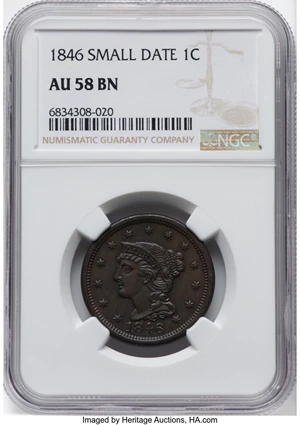 image for: 1846 1C Small Date, N-6, R.1, AU58 NGC. CDN: $220 Whsle. Bid for NGC/PCGS AU58. Mintage 4,120,800. From The Washi...
