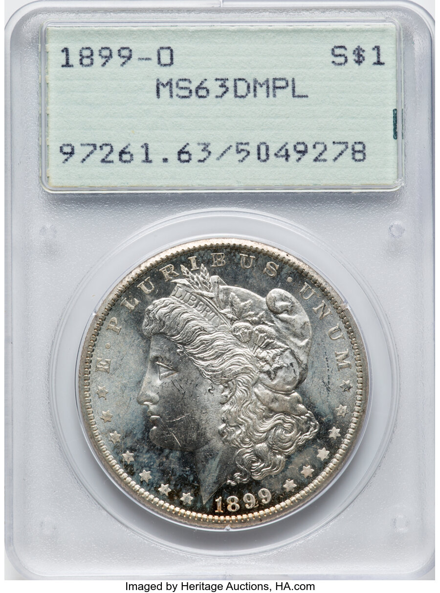 1899-O $1 MS63 Deep Mirror Prooflike PCGS. PCGS Population: (56/150). NGC Census: (23/81). CDN: $360 Whsle. Bid for NGC/PCG...