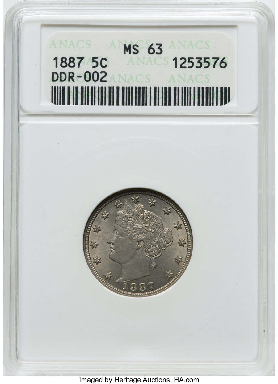 1887 5C Doubled Die Reverse, DDR-002, MS63 ANACS. Mintage 15,263,652.Flynn Reference and Cross Reference: DDR-002....