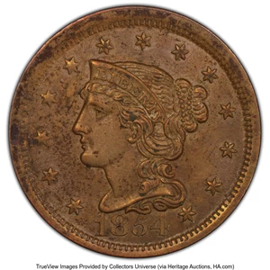 image for: 1854 1C N-21, R.2, MS62 Brown PCGS. PCGS Population: (2/4). NGC Census: (1/7). CDN: $210 Whsle. Bid for NGC/PCGS MS62. Mint...