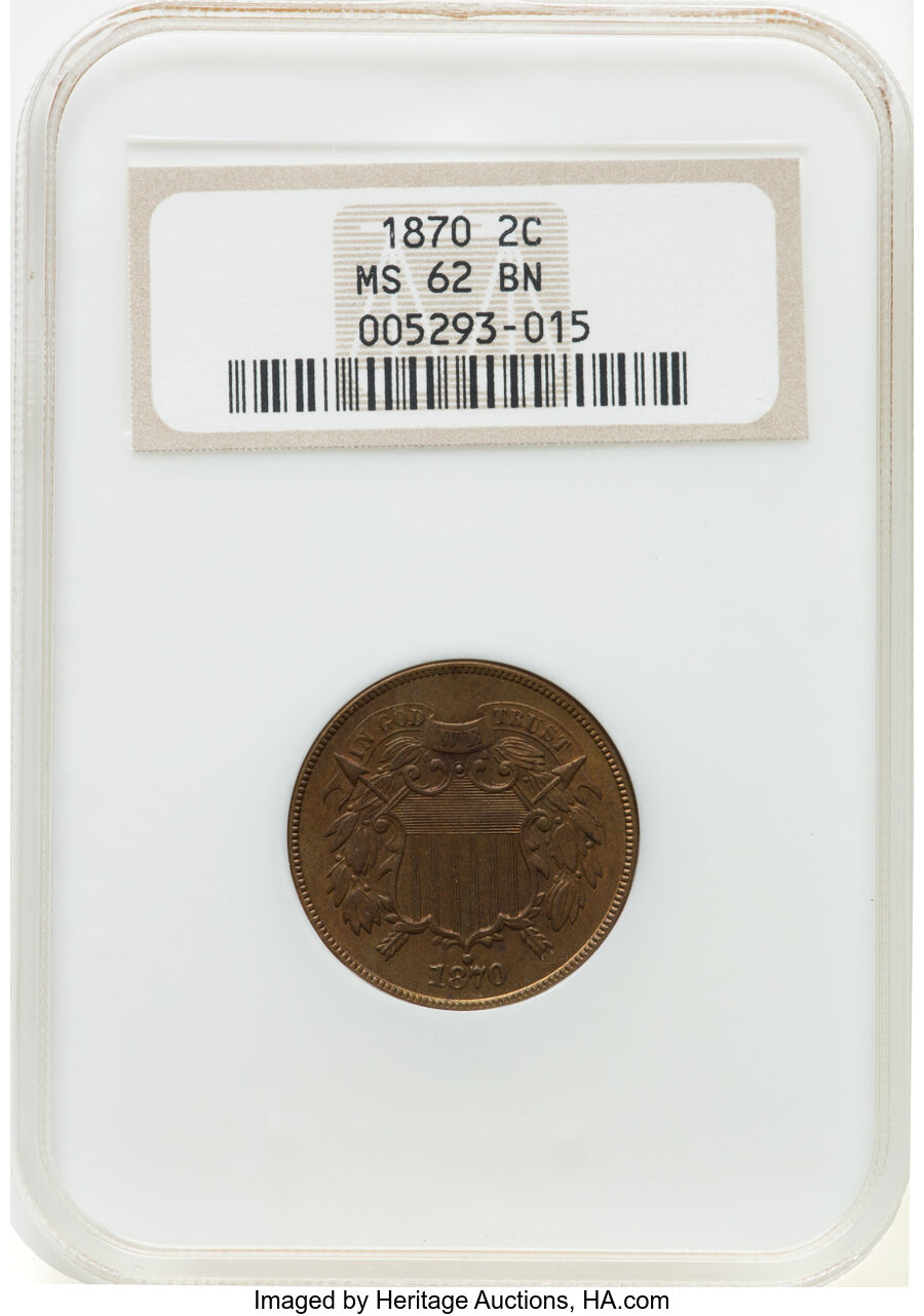 1870 2C Repunched Date, KF-2, MS62 Brown NGC. Mintage 860,250.Flynn Reference and Cross Reference: RPD-001, KF-2....