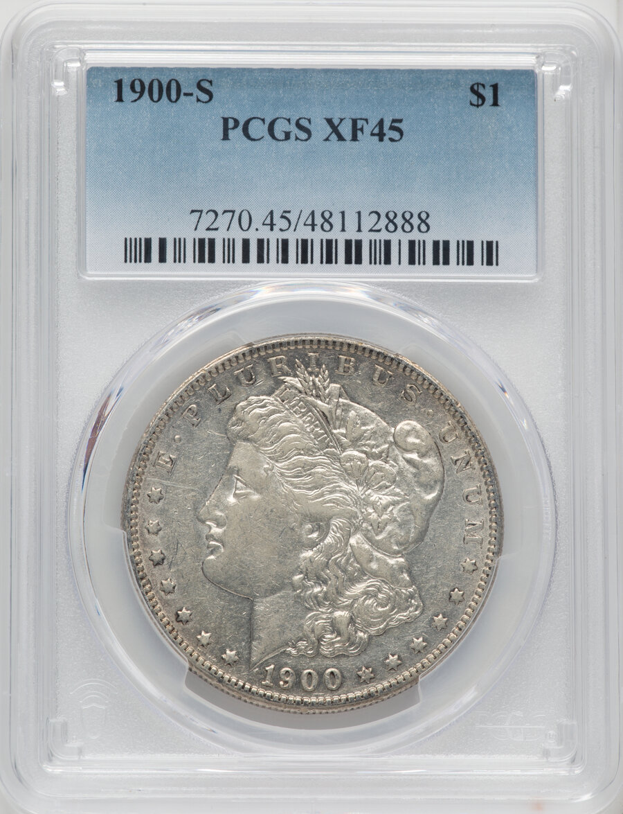 1900-S $1 XF45 PCGS. PCGS Population: (174/7304). NGC Census: (80/4732). CDN: $85 Whsle. Bid for NGC/PCGS XF45. Mintage 3,5...