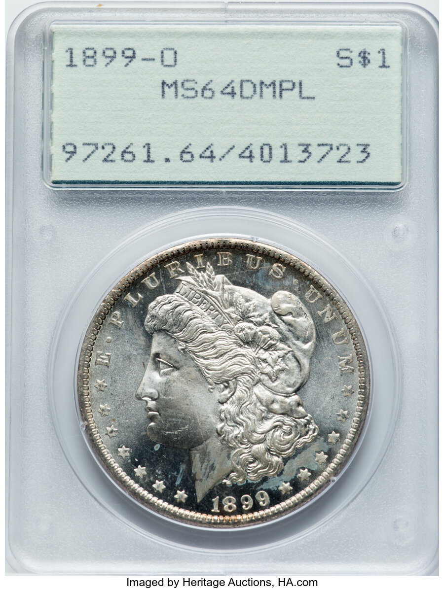 1899-O $1 MS64 Deep Mirror Prooflike PCGS. PCGS Population: (83/67). NGC Census: (54/27). CDN: $480 Whsle. Bid for NGC/PCGS...