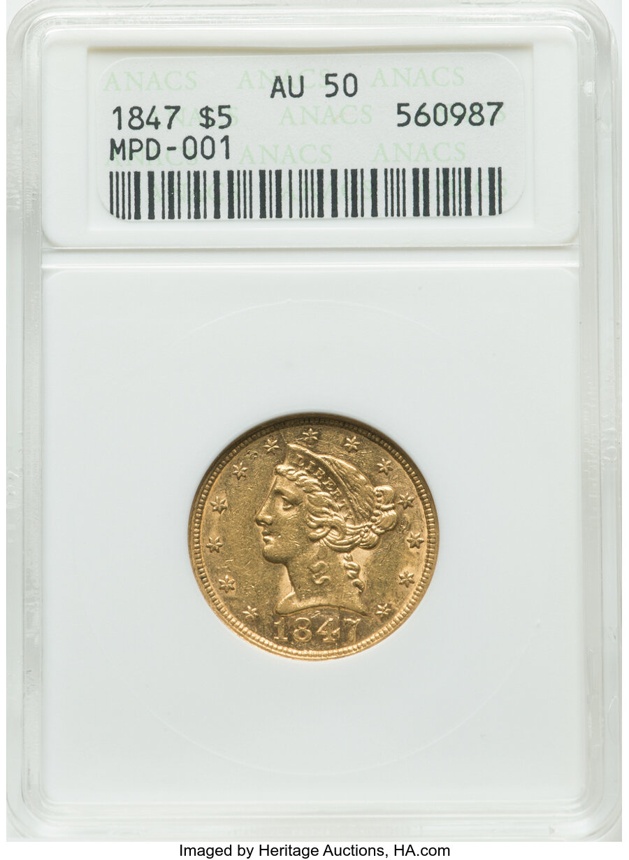 image for: 1847 $5 Misplaced Date, MPD-001, FS-302, AU50 ANACS. Mintage 915,981.Flynn Reference and Cross Reference: FS-302 (4...