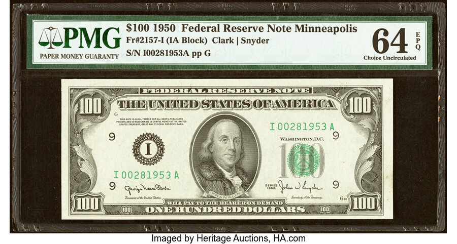 Fr. 2157-I $100 1950 Federal Reserve Note. PMG Choice Uncirculated 64 EPQ....