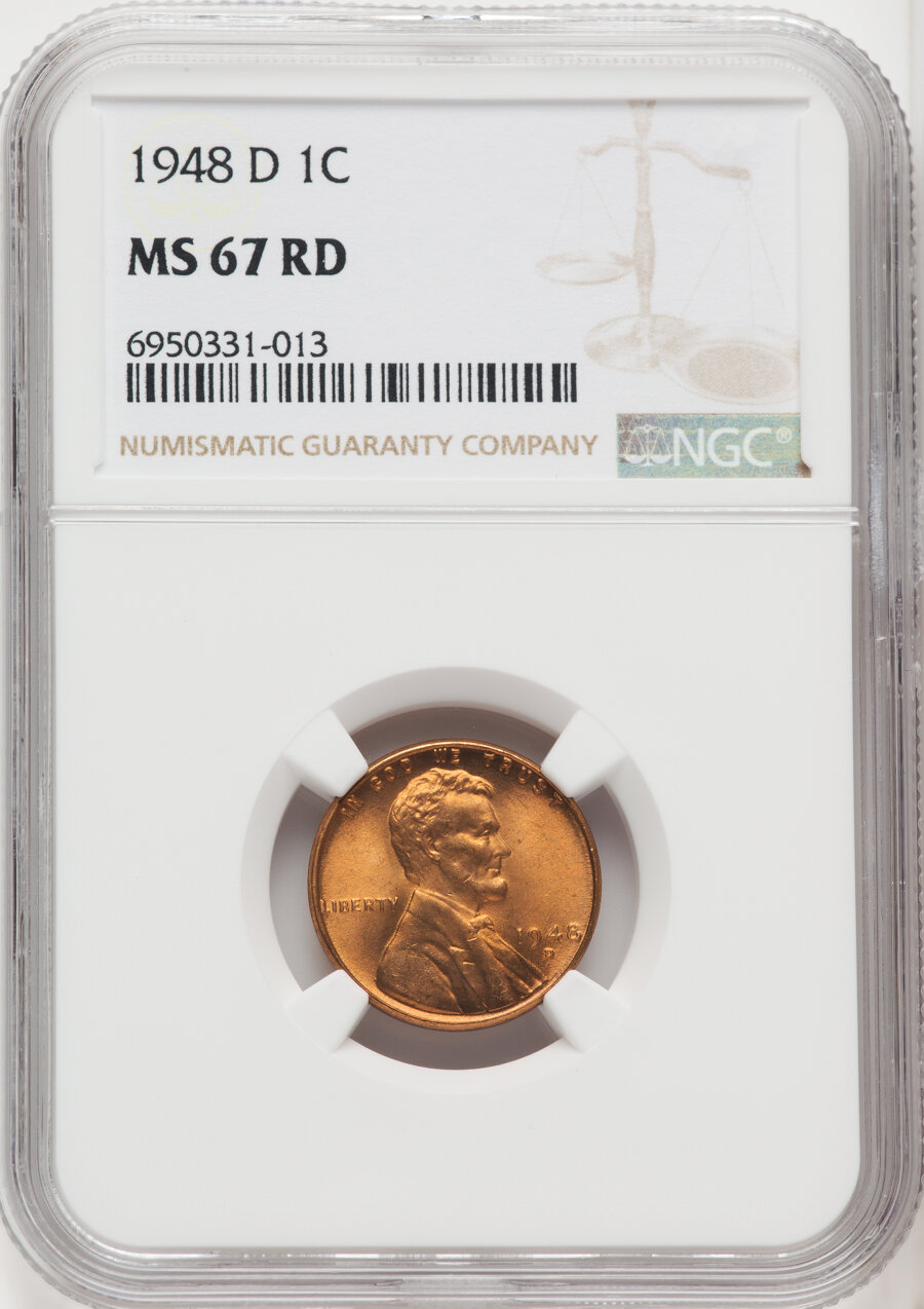 1948-D 1C MS67 Red NGC. NGC Census: (119/0). PCGS Population: (100/0). CDN: $450 Whsle. Bid for NGC/PCGS MS67. Mintage 172,...