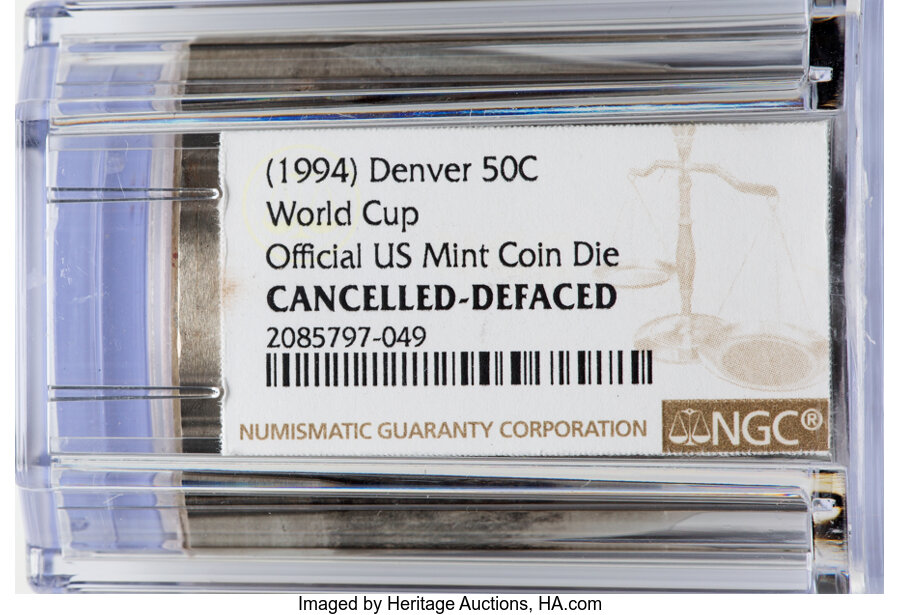 (1994)-D 50C World Cup Half Dollar Coin Die, Official U.S. Mint, -- Cancelled, Defaced -- NGC. ...