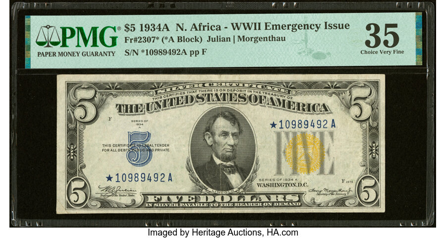 Fr. 2307* $5 1934A North Africa Silver Certificate Star. PMG Choice Very Fine 35....