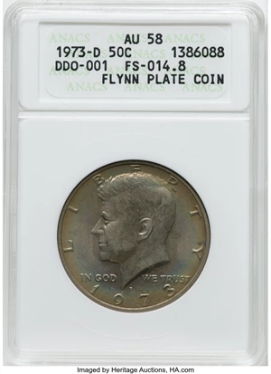 image for: 1973-D 50C Doubled Die Obverse, DDO-001, FS-101, AU58 ANACS. Ex: Flynn Plate Coin. Mintage 83,171,400.Flynn Reference...