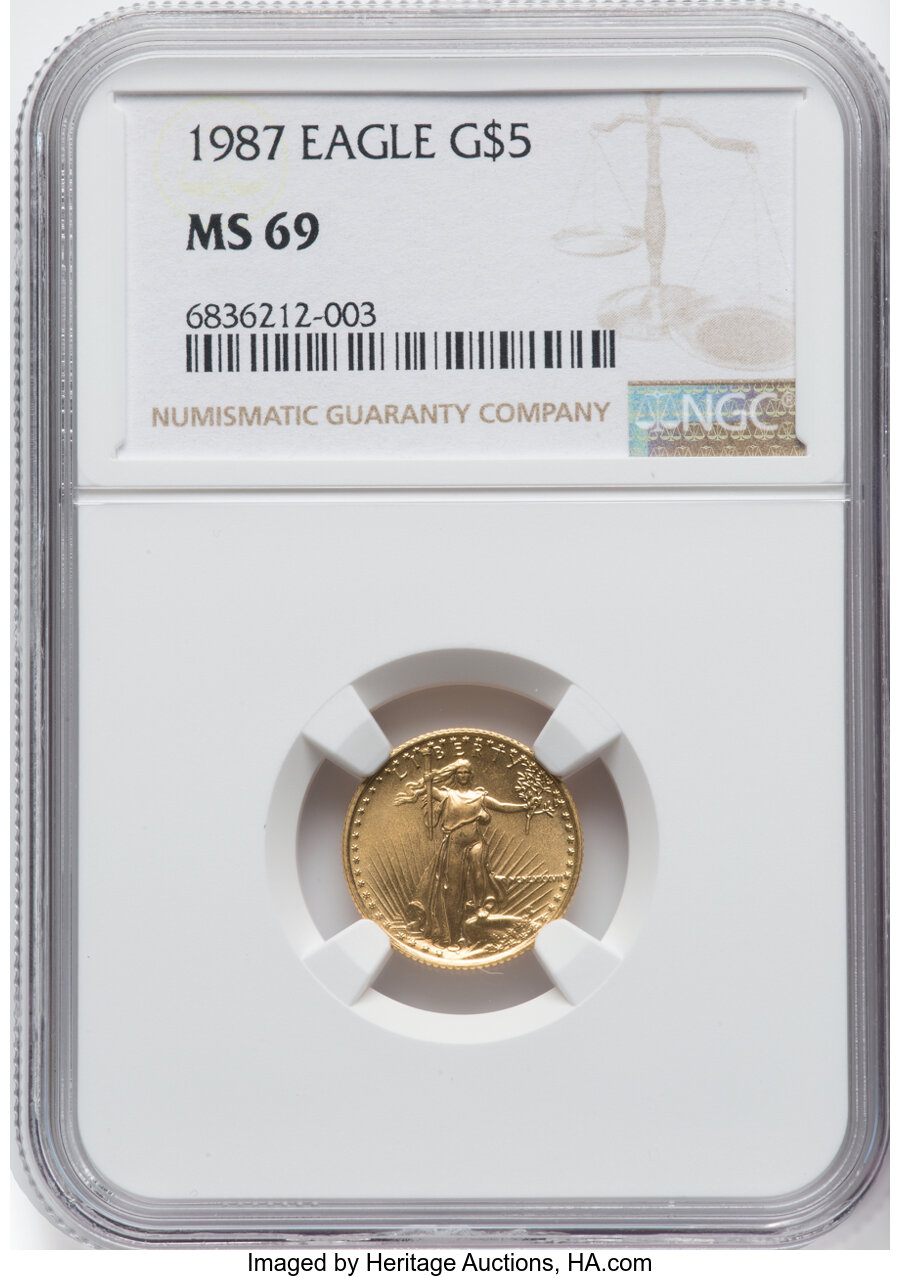 1987 G$5 Tenth-Ounce Gold Eagle MS69 NGC. NGC Census: (9503/1013). PCGS Population: (1898/167). CDN: $320 Whsle. Bid for NG...
