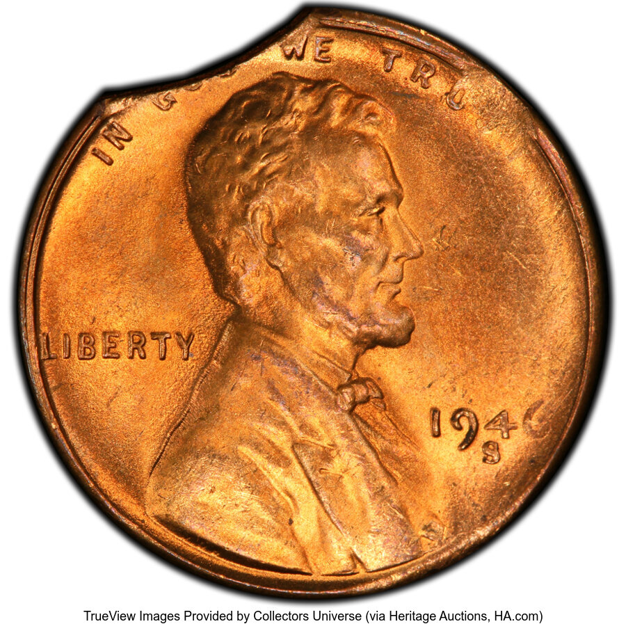 1946-S 1C Lincoln Cent -- Clipped Planchet 11:00, Rim Clip @ 1:30 -- MS65 Red PCGS....