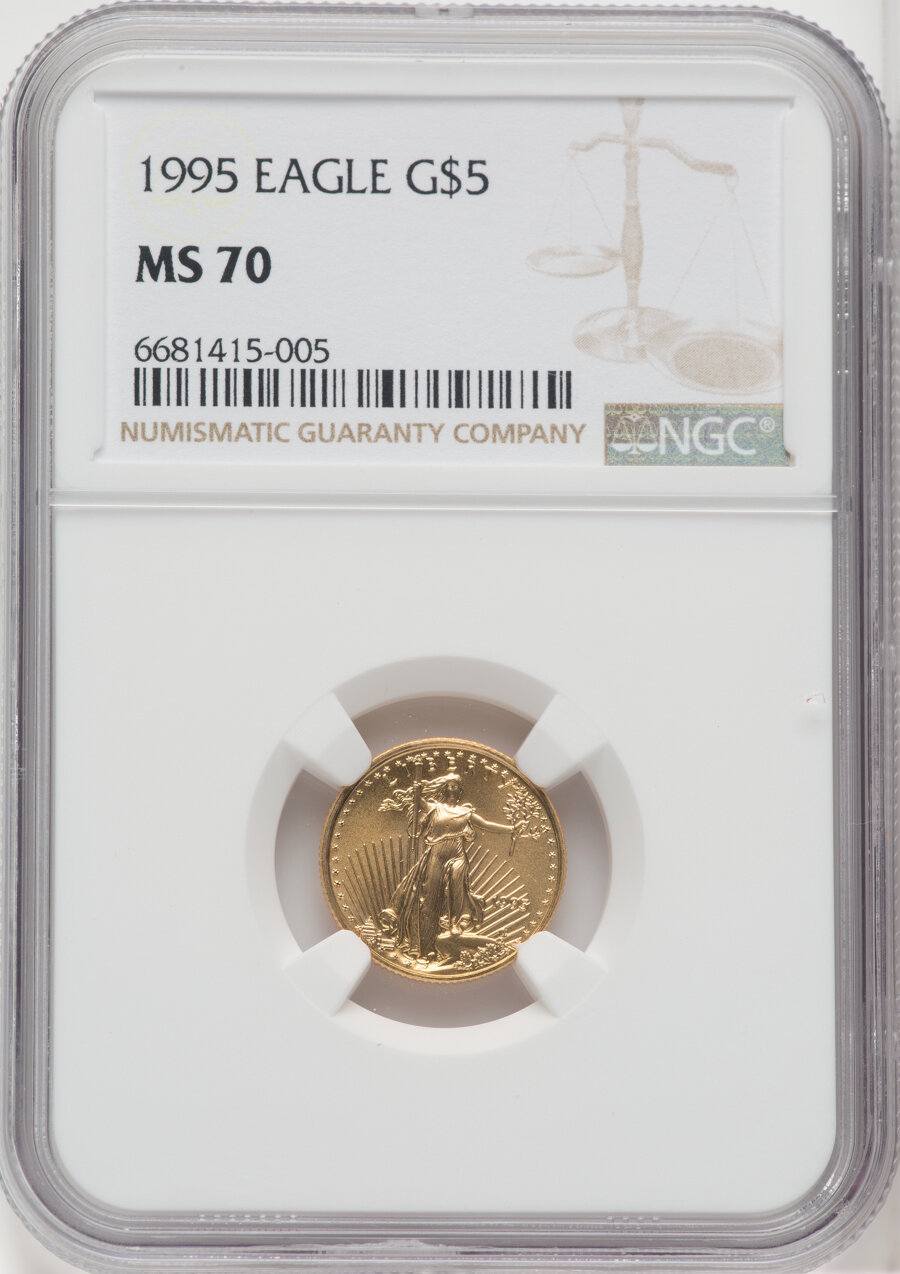 1995 $5 Tenth-Ounce Gold Eagle MS70 NGC. NGC Census: (465). PCGS Population: (88). CDN: $750 Whsle. Bid for NGC/PCGS MS70. ...