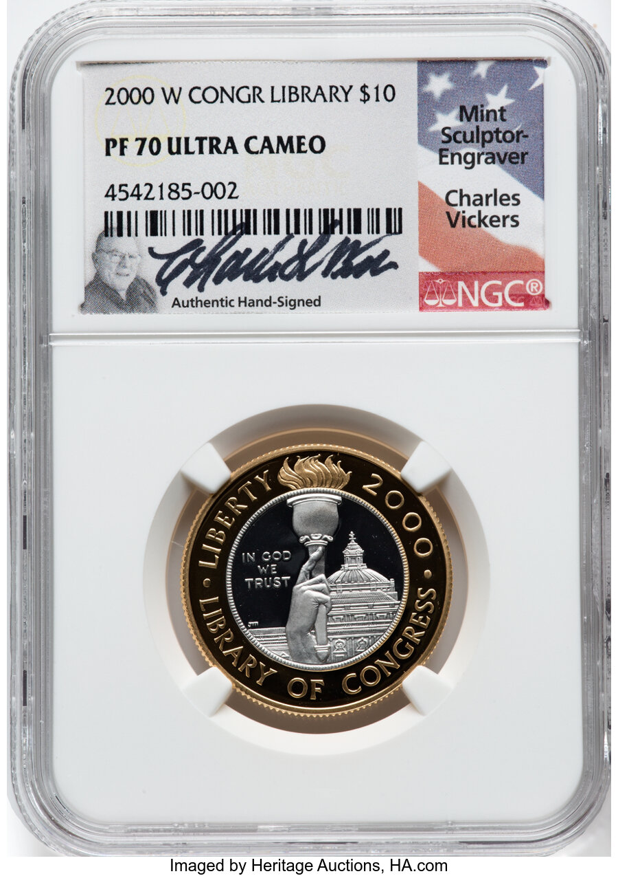 2000-W $10 Library of Congress Bimetallic Ten Dollar PR70 Ultra Cameo NGC. Hand signed Charles Vickers. NGC Census: (1480)....