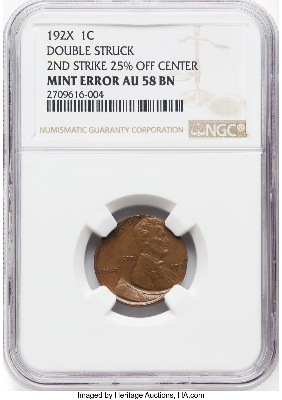 192X 1C Lincoln Cent -- Double Struck 2nd Strike 25% Off Center -- AU58 Brown NGC....