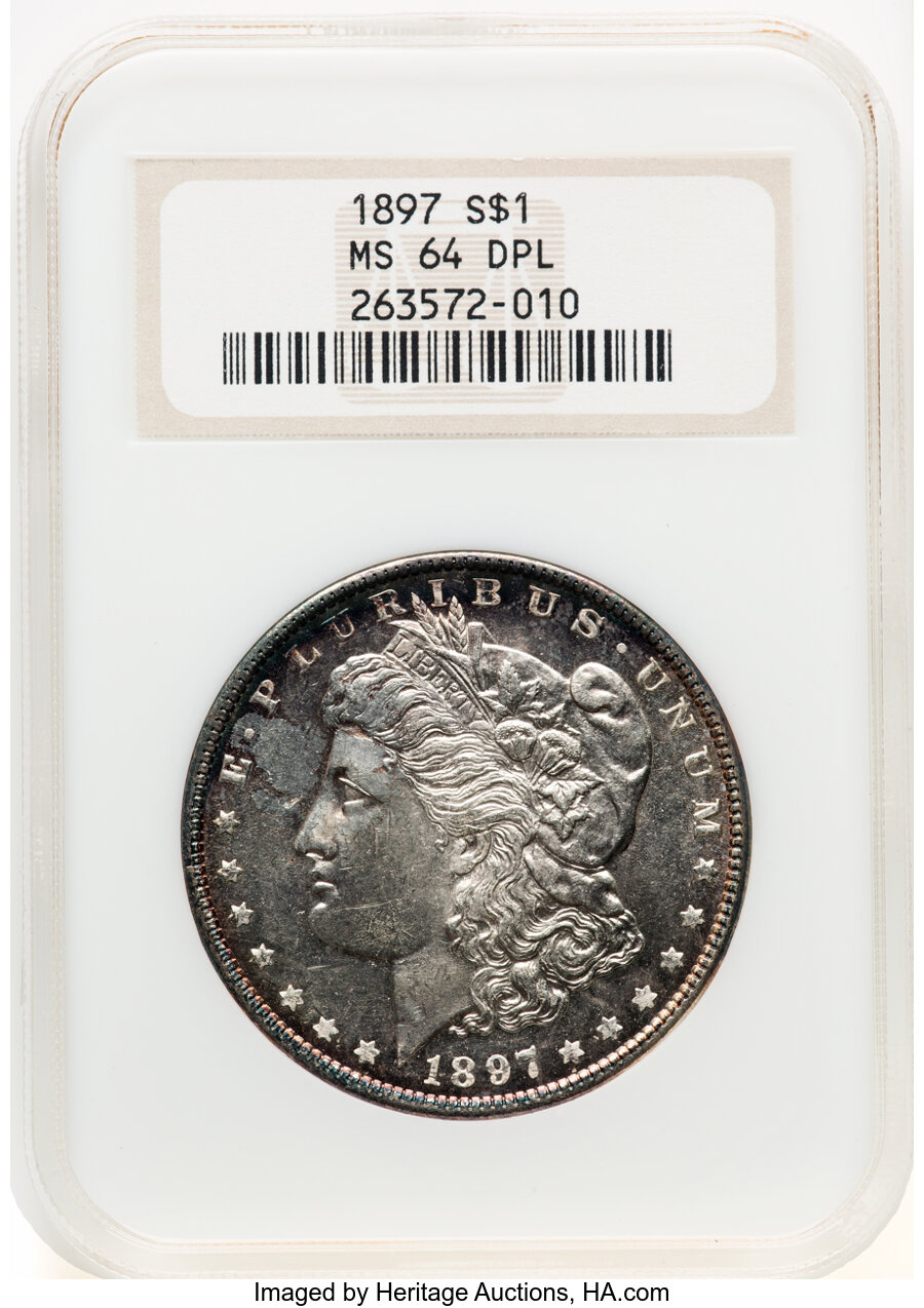 1897 $1 MS64 Deep Prooflike NGC. NGC Census: (50/11). PCGS Population: (70/33). CDN: $460 Whsle. Bid for NGC/PCGS MS64. Min...