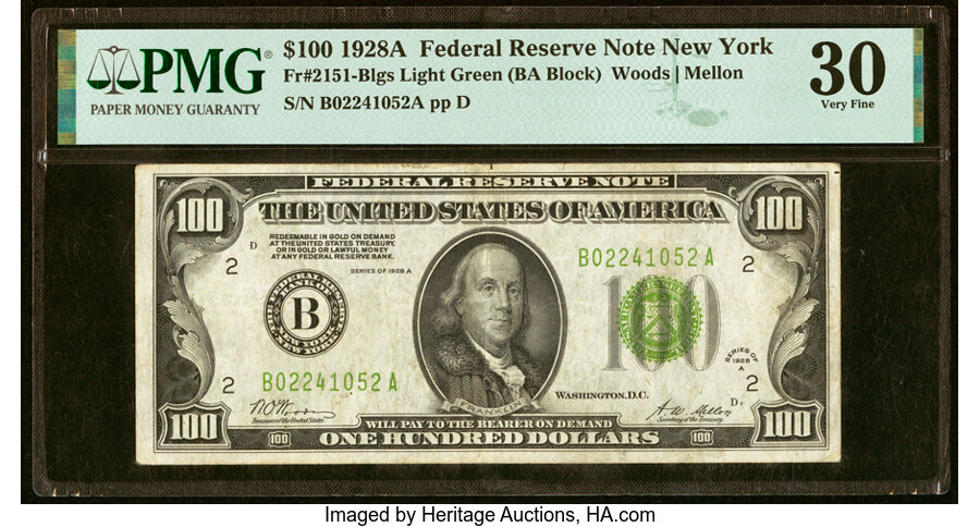 Fr. 2151-B $100 1928A Light Green Seal Federal Reserve Note. PMG Very Fine 30....