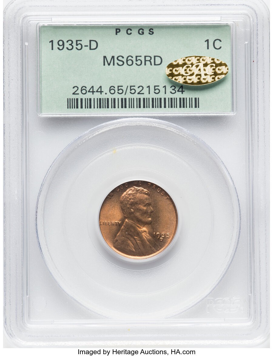 1935-D 1C MS65 Red PCGS. Gold CAC. PCGS Population: (710/1402). NGC Census: (371/1239). CDN: $40 Whsle. Bid for NGC/PCGS MS...