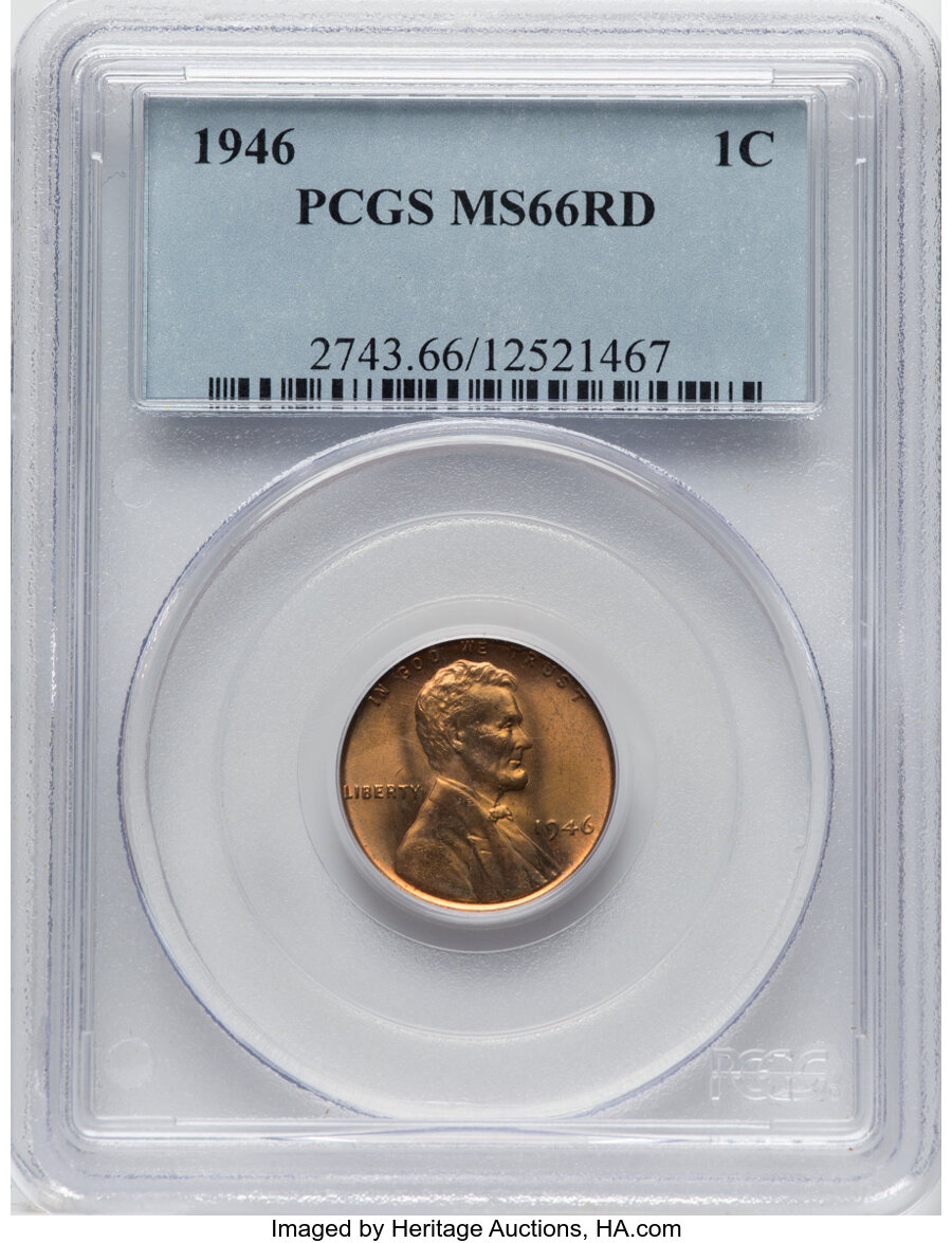 1946 1C MS66 Red PCGS. PCGS Population: (842/41). NGC Census: (1524/66). CDN: $65 Whsle. Bid for NGC/PCGS MS66. Mintage 991...