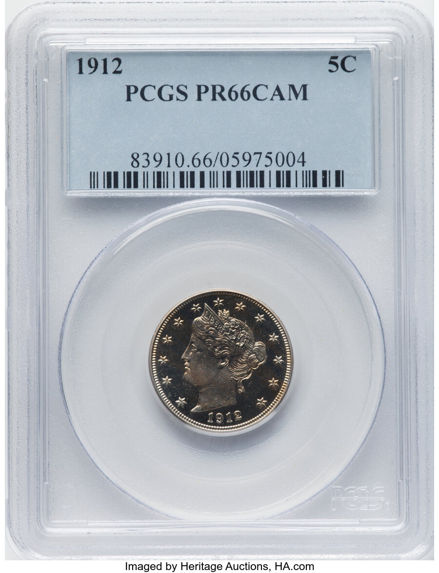 1912 5C PR66 Cameo PCGS. PCGS Population: (27/24). NGC Census: (17/6). PR66. ...