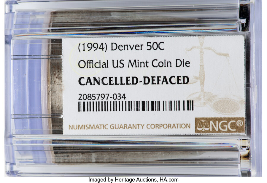 (1994)-D 50C Half Dollar Coin Die, Official U.S. Mint, -- Cancelled, Defaced -- NGC. ...