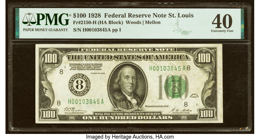 Fr. 2150-H $100 1928 Federal Reserve Note. PMG Extremely Fine 40....