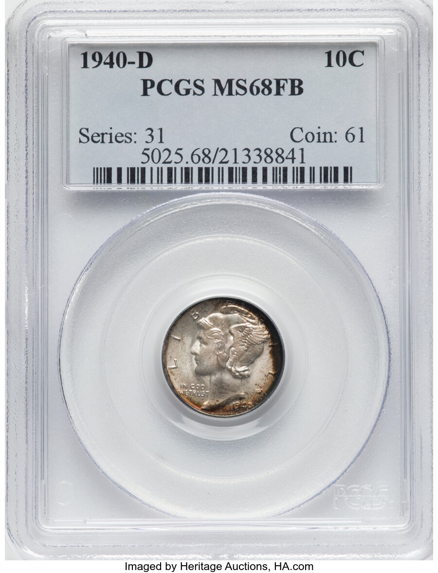 1940-D 10C MS68 Full Bands PCGS. PCGS Population: (36/0). NGC Census: (21/0). CDN: $1,200 Whsle. Bid for NGC/PCGS MS68. Min...