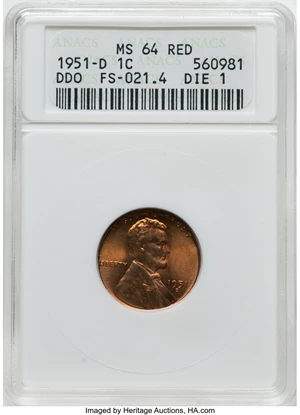 image for: 1951-D 1C Doubled Die Obverse, FS-021.4, MS64 Red ANACS. Die 1. Mintage 625,355,000.