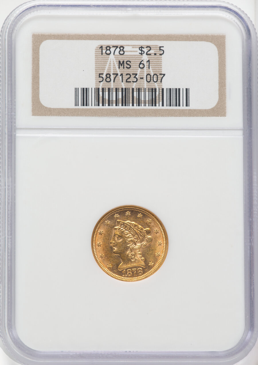 1878 $2 1/2 MS61 NGC. NGC Census: (607/1233). PCGS Population: (206/1101). CDN: $425 Whsle. Bid for NGC/PCGS MS61. Mintage ...