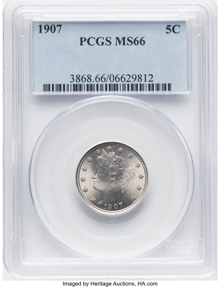 1907 5C MS66 PCGS. PCGS Population: (36/4). NGC Census: (14/0). CDN: $1,020 Whsle. Bid for NGC/PCGS MS66. Mintage 39,214,80...