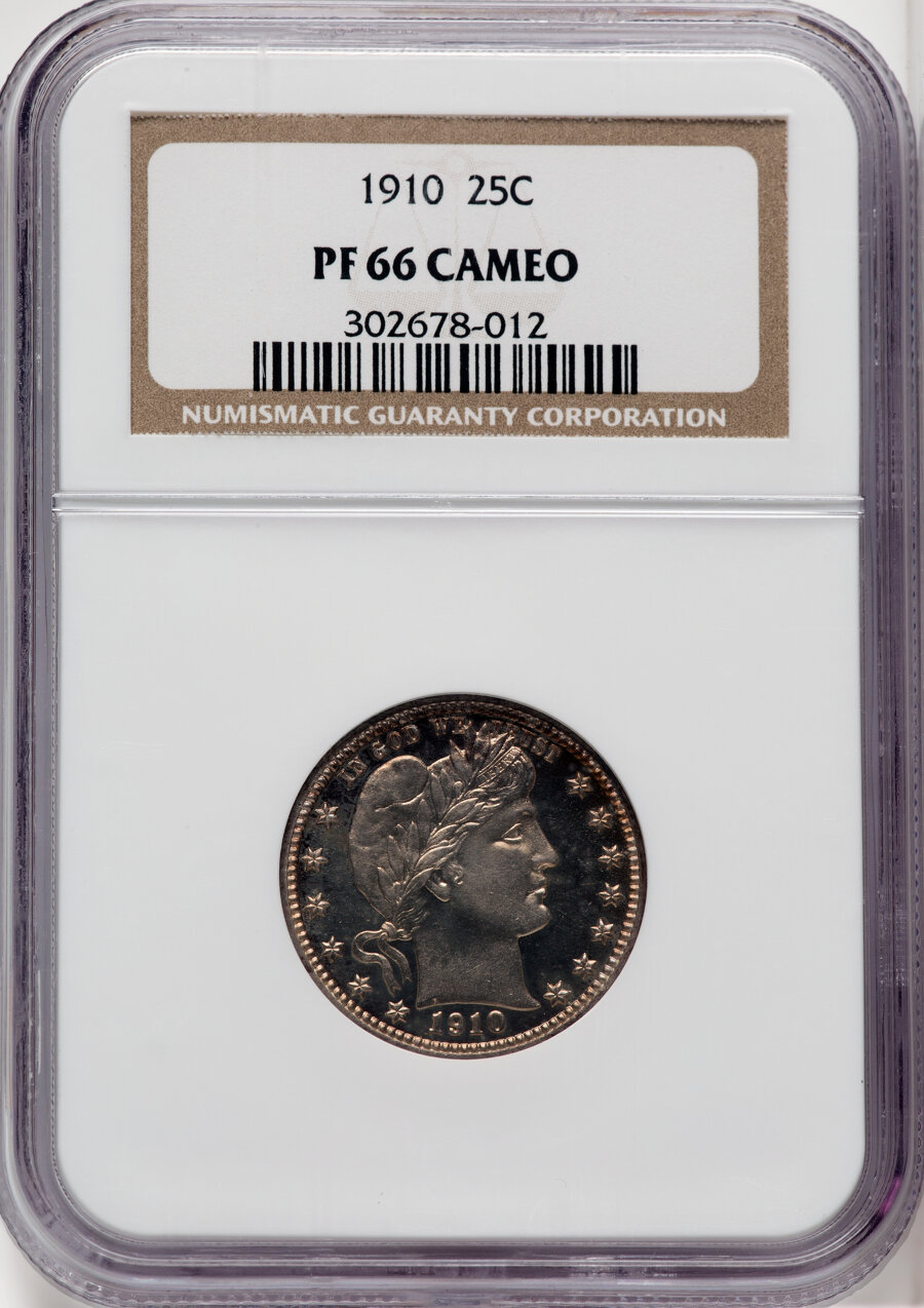 1910 25C PR66 Cameo NGC. NGC Census: (16/18). PCGS Population: (11/9). PR66. Mintage 551. ...