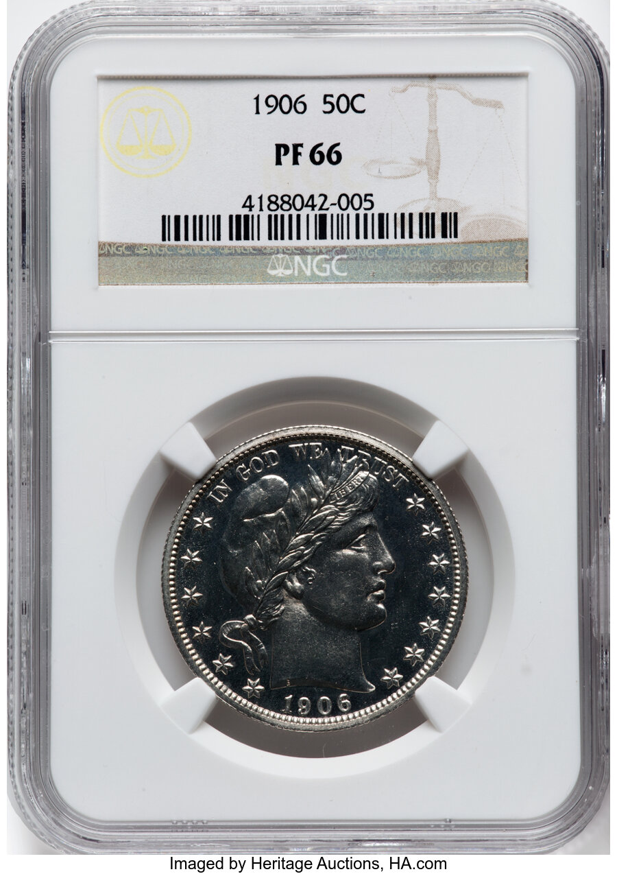 1906 50C PR66 NGC. NGC Census: (35/25). PCGS Population: (22/14). CDN: $1,900 Whsle. Bid for NGC/PCGS PR66. Mintage 675. ...