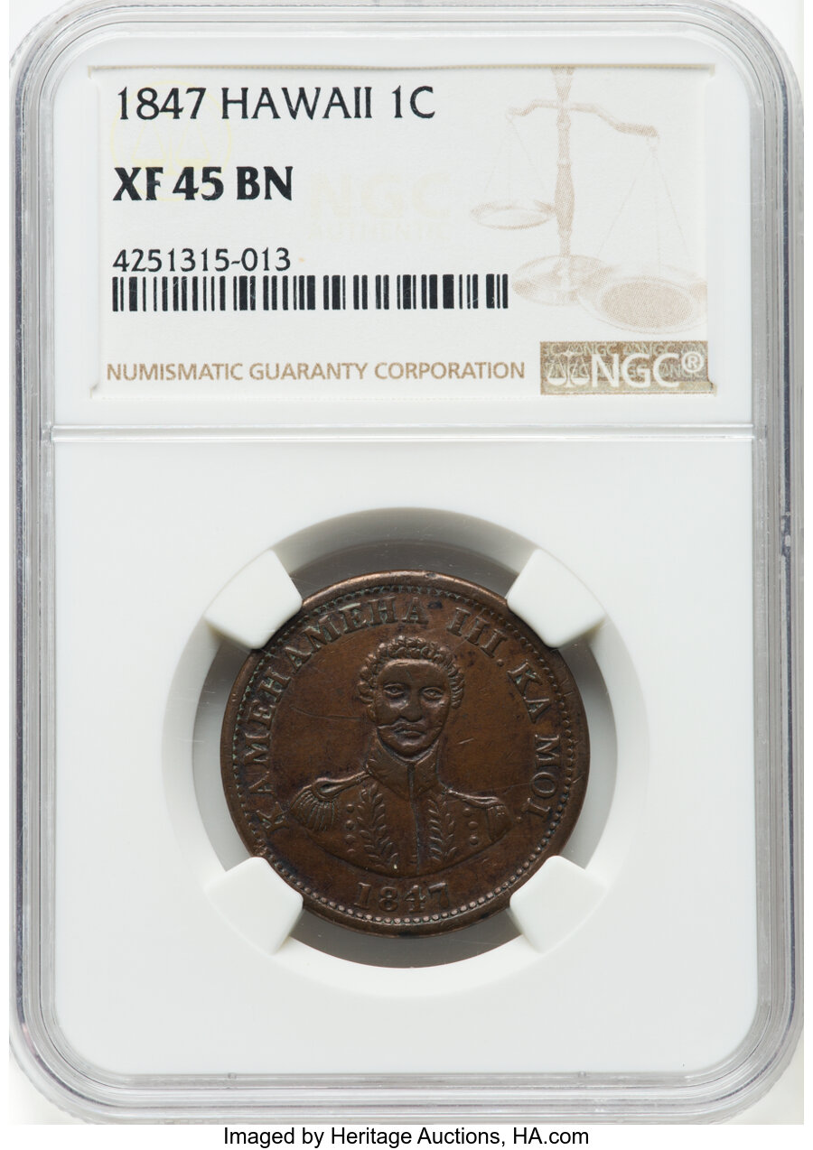 1847 1C Hawaii Cent XF45 NGC. NGC Census: (26/376). PCGS Population: (35/495). CDN: $450 Whsle. Bid for NGC/PCGS XF45. Mint...