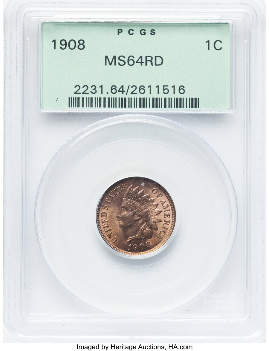 1908 1C MS64 Red PCGS. PCGS Population: (459/390). NGC Census: (216/199). CDN: $260 Whsle. Bid for NGC/PCGS MS64. Mintage 3...