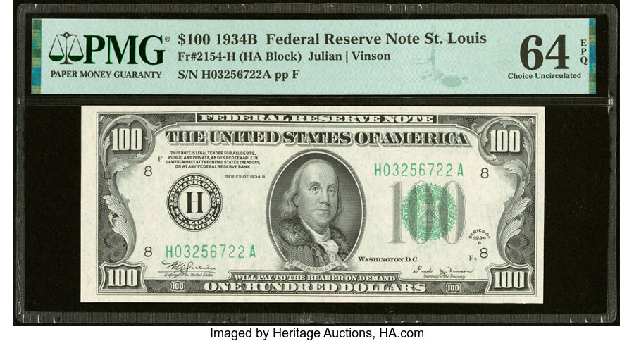 Fr. 2154-H $100 1934B Federal Reserve Note. PMG Choice Uncirculated 64 EPQ....